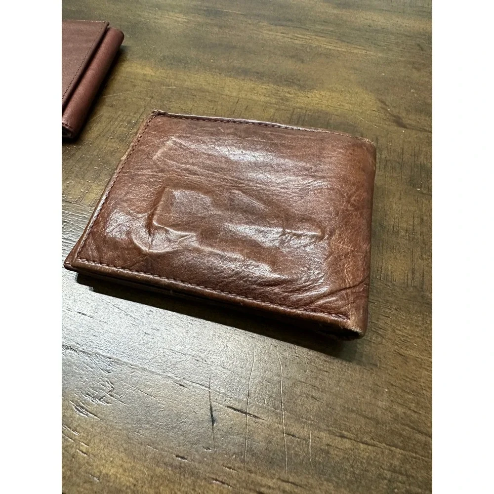 Mens Vintage Brown Genuine‎ Leather Wallet Lot Bifold Trifold Set Zipper Pocket